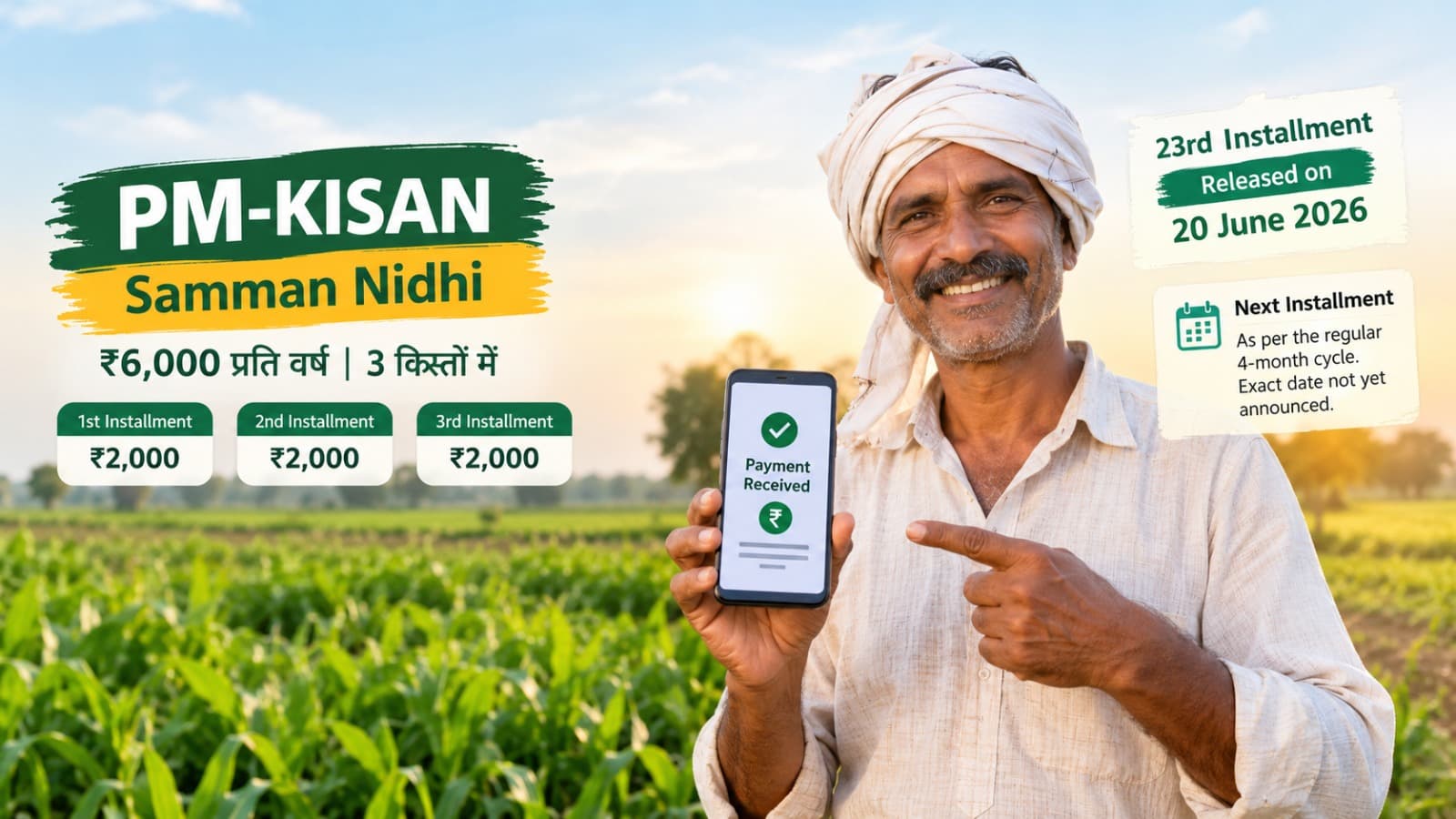PM Kisan 24th Installment 2026 latest update - farmer checking payment status with 23rd installment released on 20 June 2026