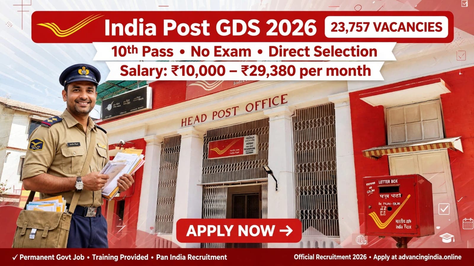 India Post GDS 2026 recruitment 23757 vacancies 10th pass no exam salary