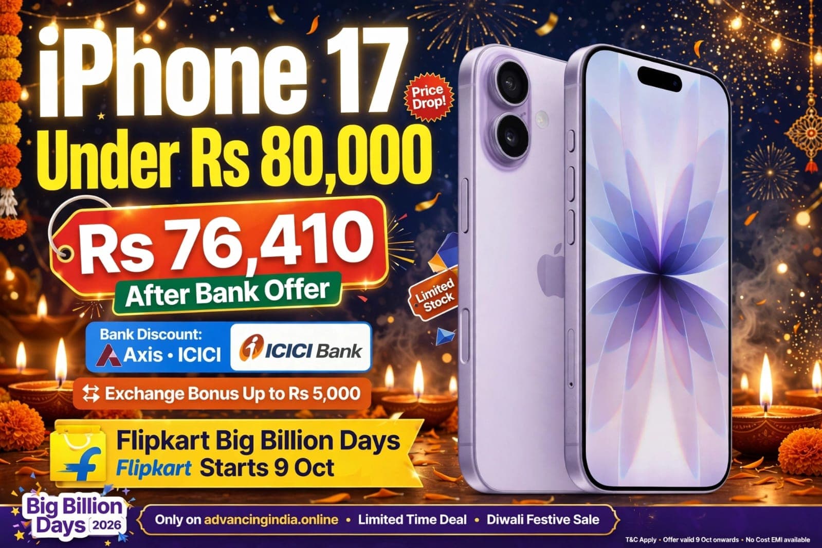 iPhone 17 price Rs 76410 under 80000 after bank offer Flipkart Big Billion Days 2026