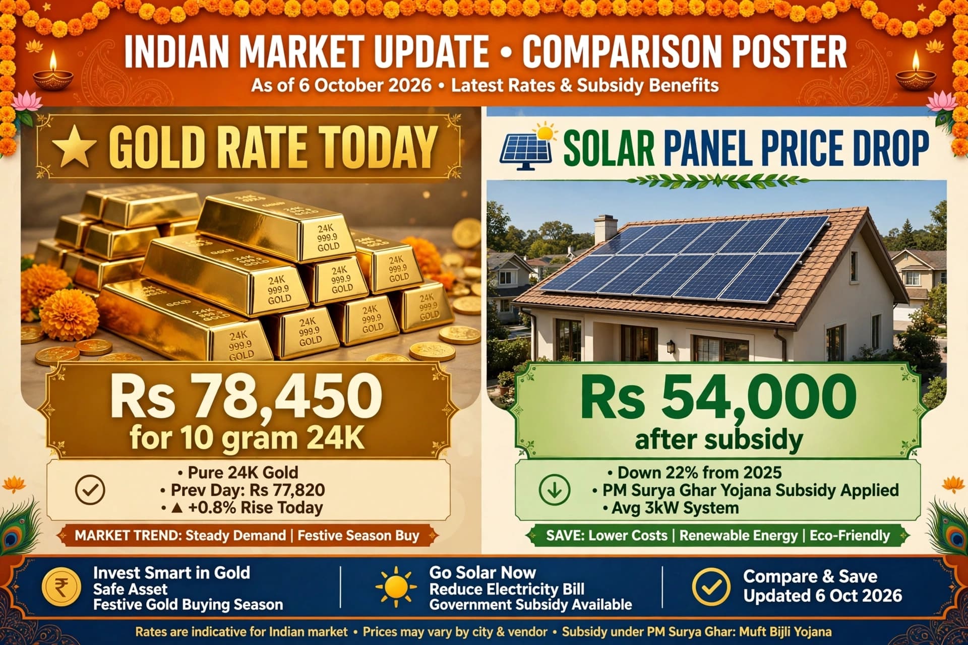 Gold rate today Delhi Rs 78,450 down Rs 6540 and solar 3kW system Rs 54000 after subsidy price drop infographic
