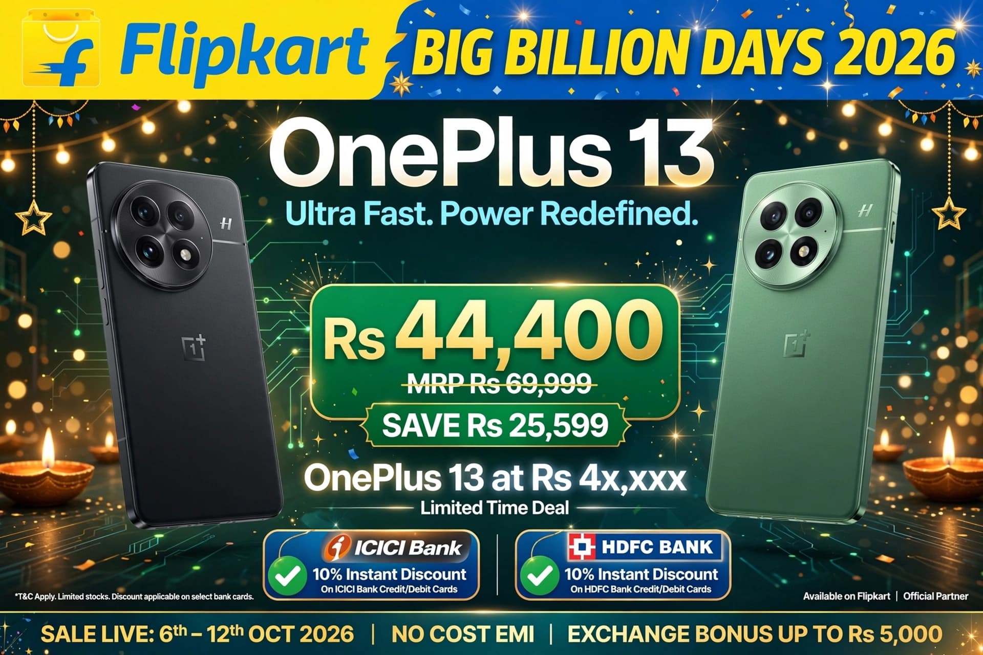 OnePlus 13 at Rs 44400 on Flipkart Big Billion Days 2026 sale with ICICI HDFC 10 percent off