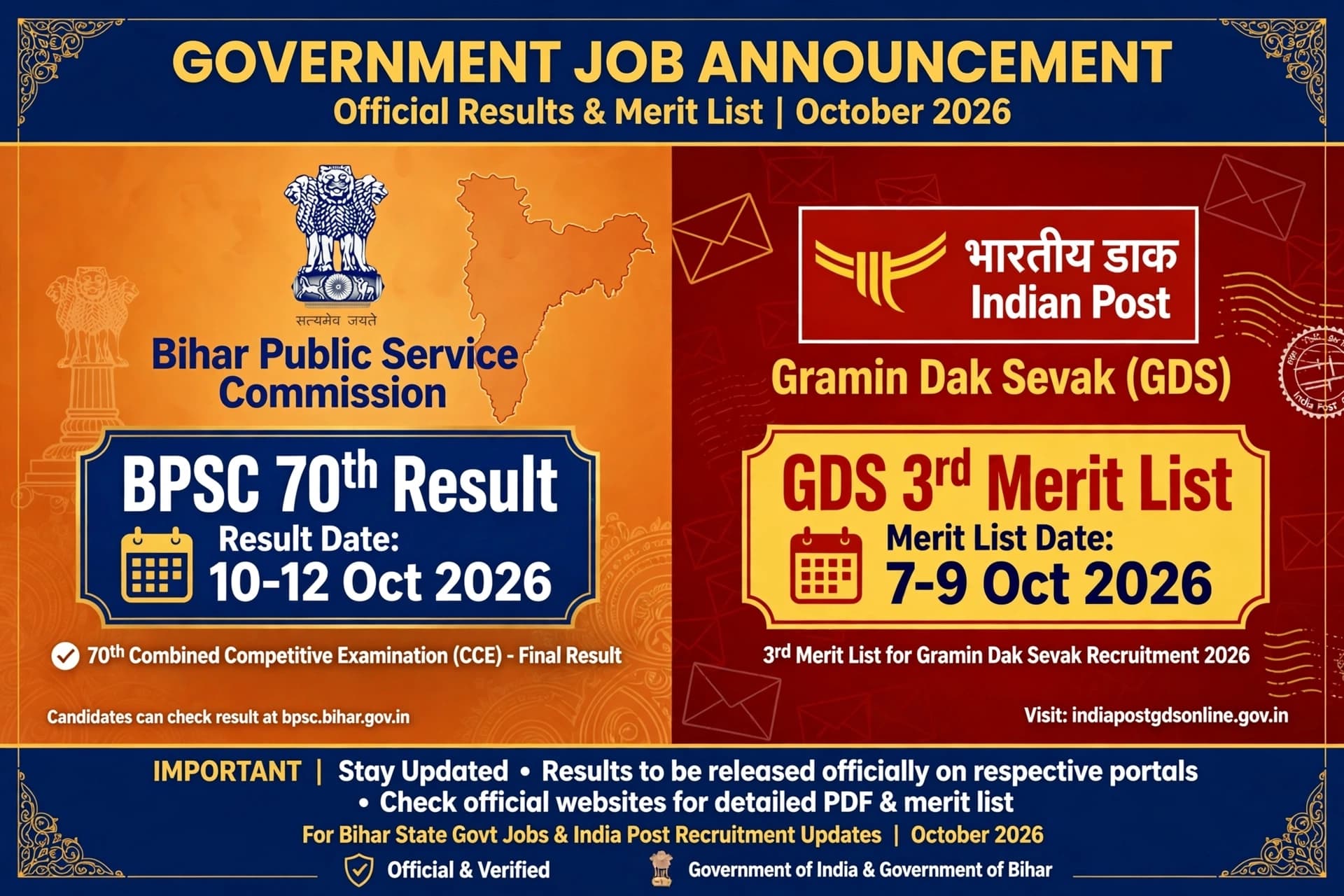 BPSC 70th Result 10-12 Oct 2026 and GDS 3rd Merit List 7-9 Oct 2026 government job announcement