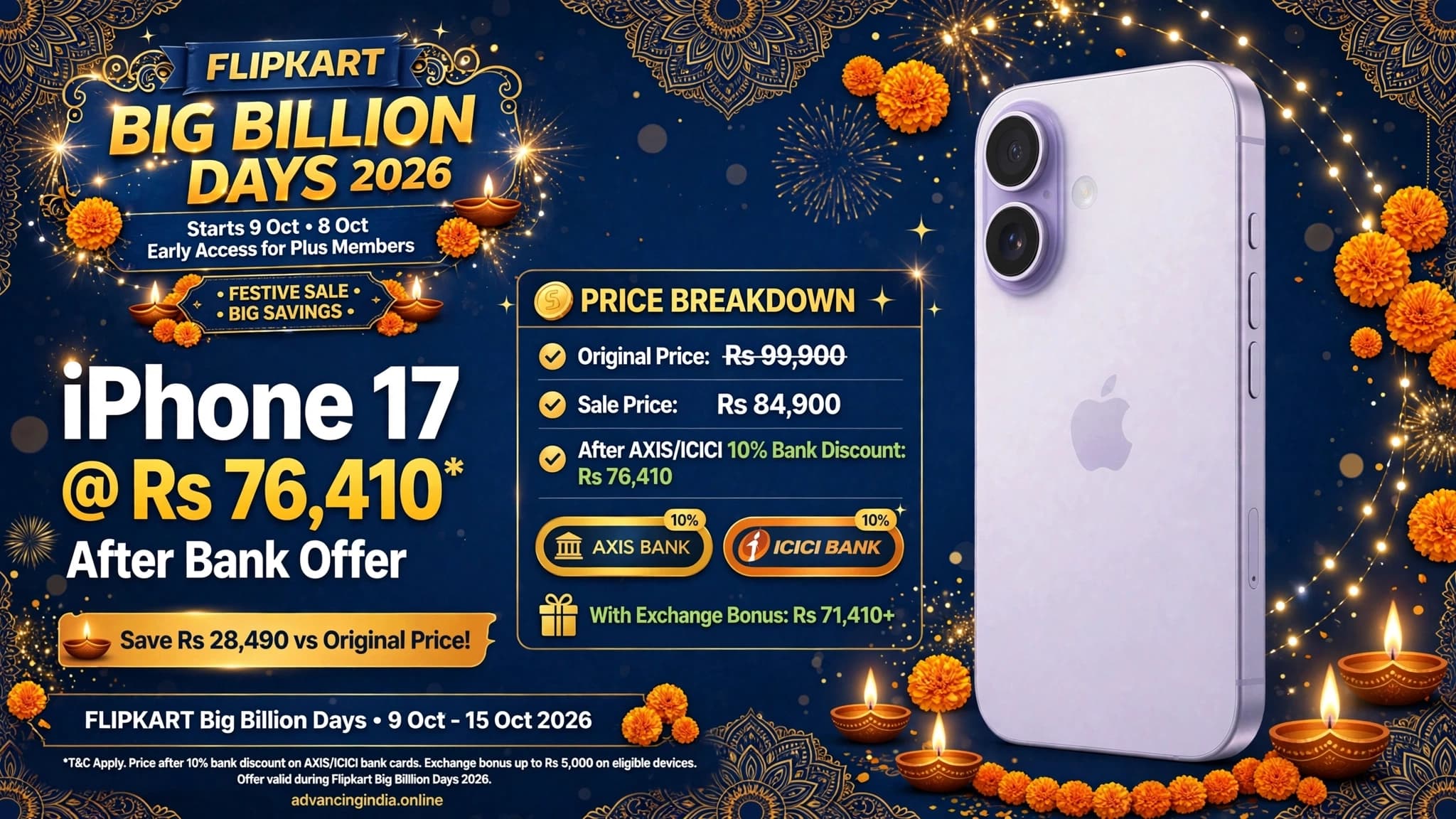 Flipkart Big Billion Days 2026 iPhone 17 price crashed to Rs 76410 with Axis ICICI bank discount and exchange bonus