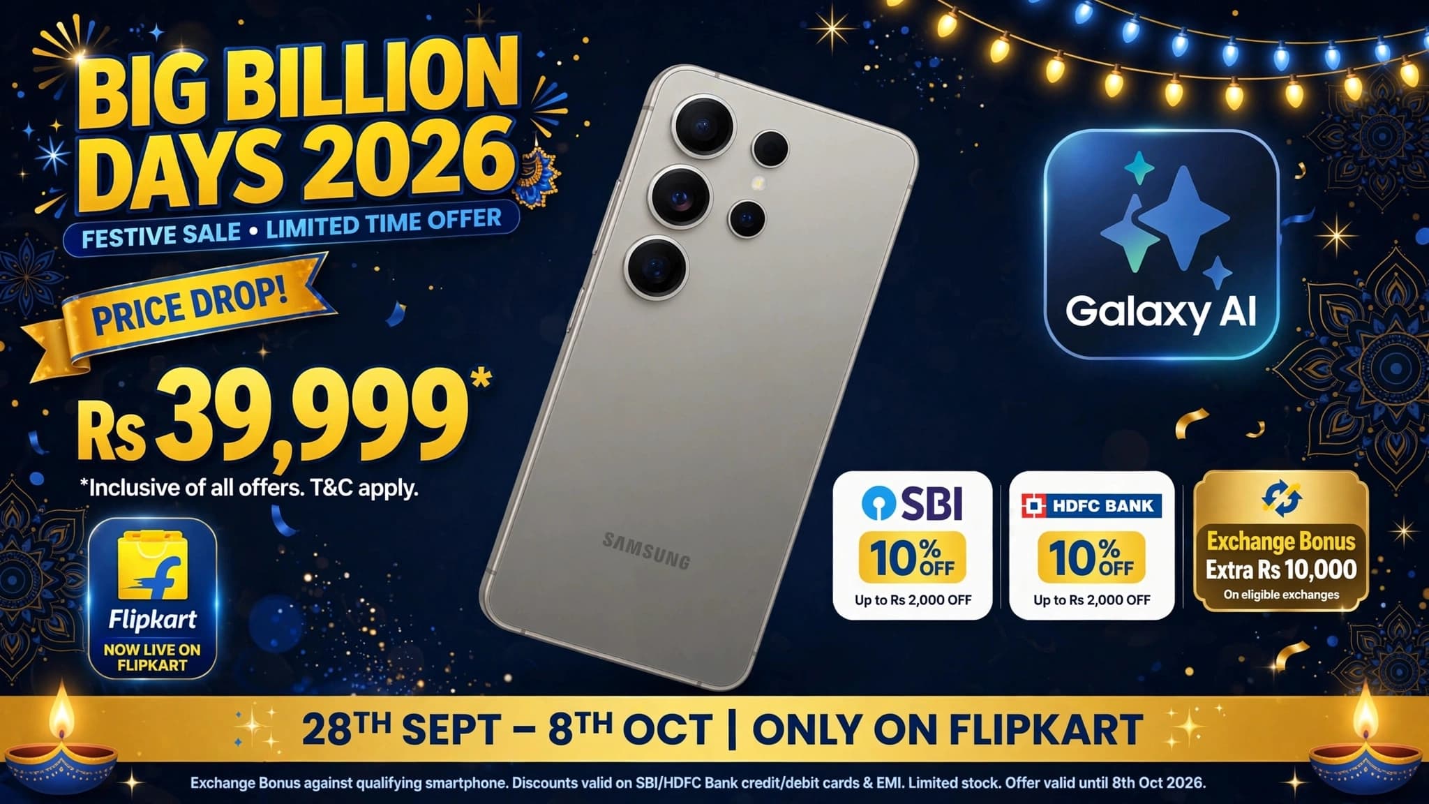 Samsung Galaxy S25 Ultra Rs 39999 price drop Flipkart Big Billion Days 2026 Galaxy AI festive sale