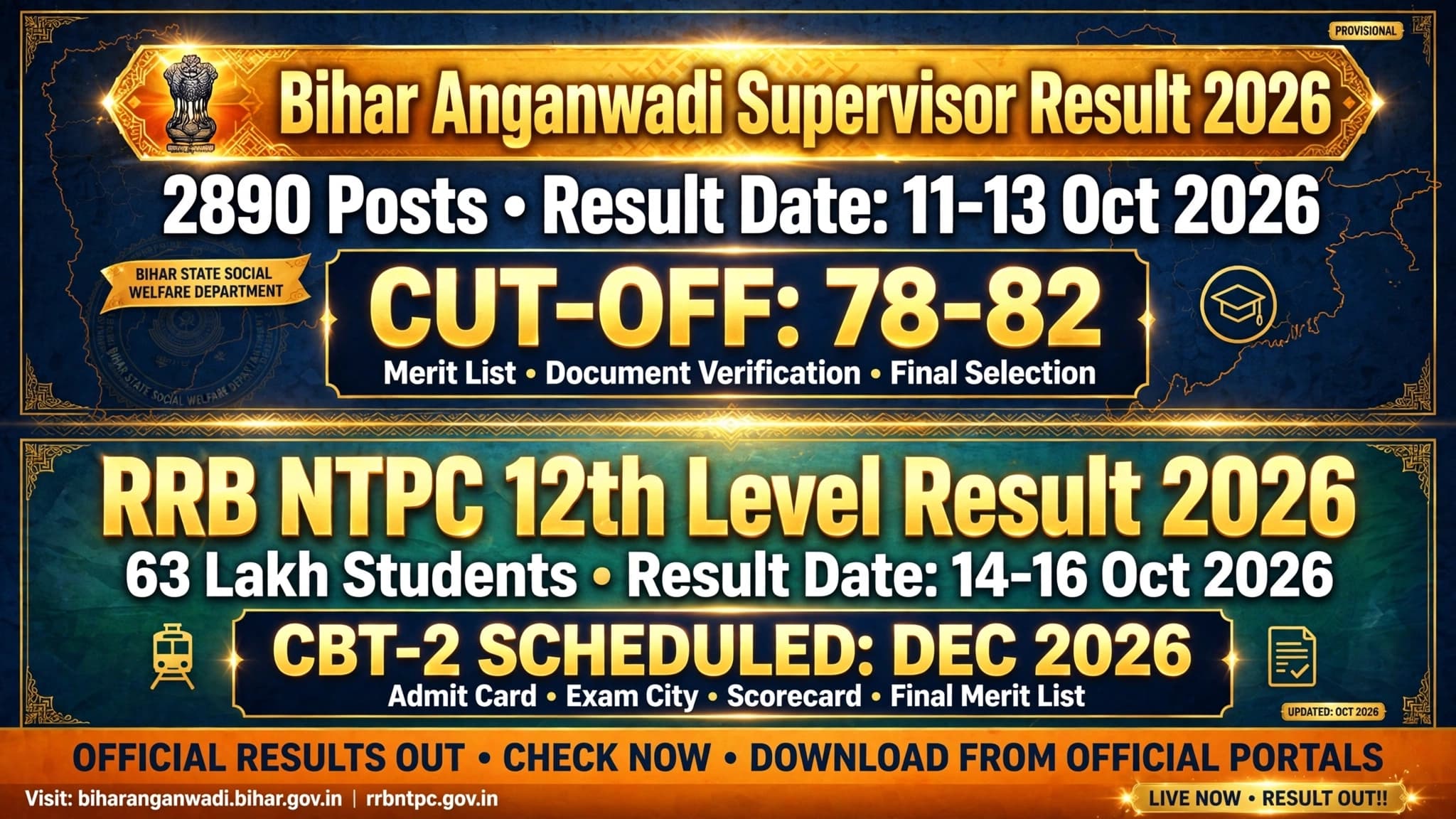 Bihar Anganwadi Supervisor result cut-off and RRB NTPC 12th level result date 2026