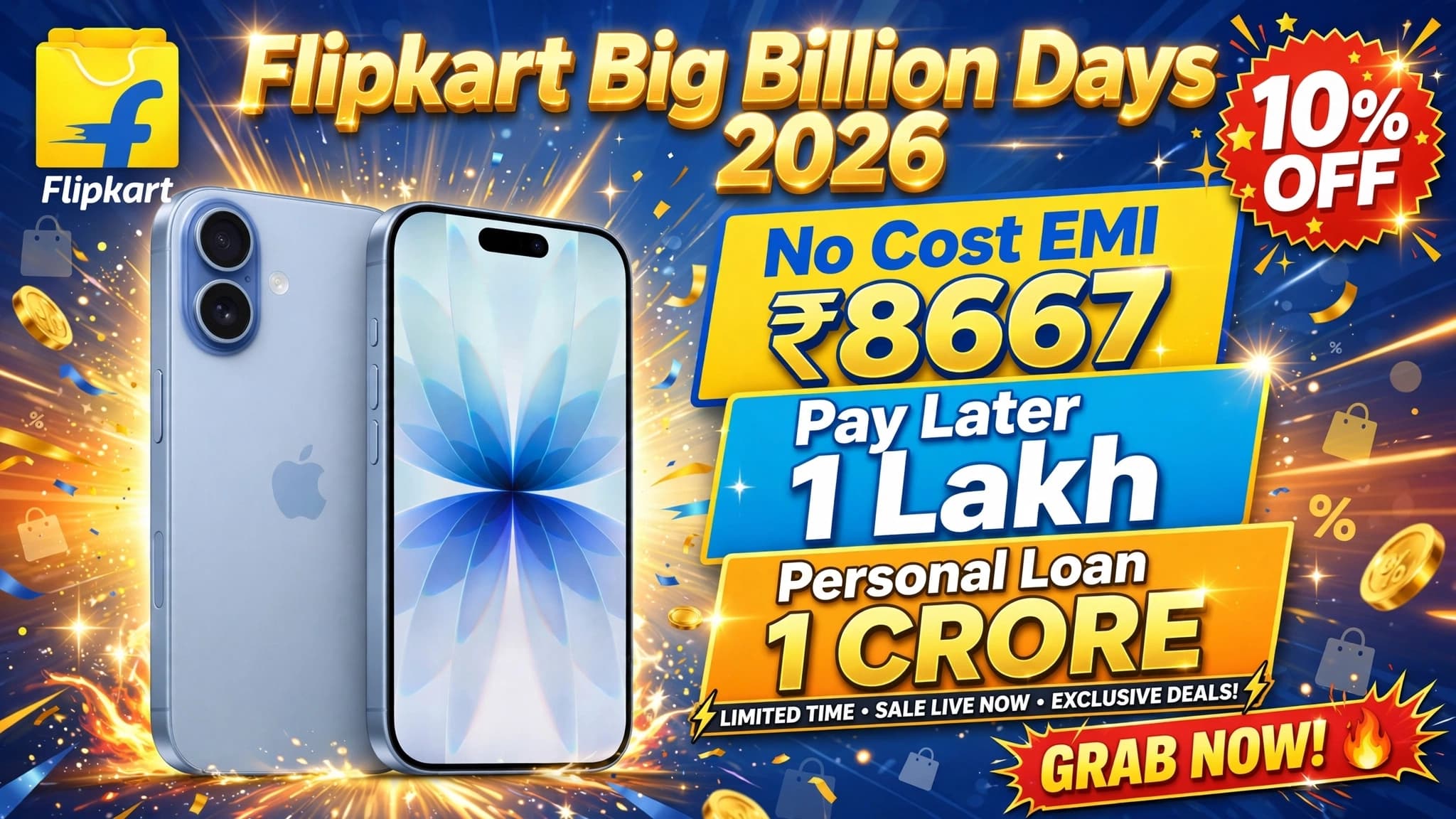 Flipkart Big Billion Days 2026 iPhone 8667 EMI 10% OFF sale offer