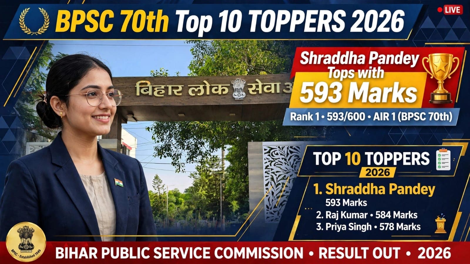 BPSC 70th topper Shraddha Pandey 593 marks Rank 1 result 2026