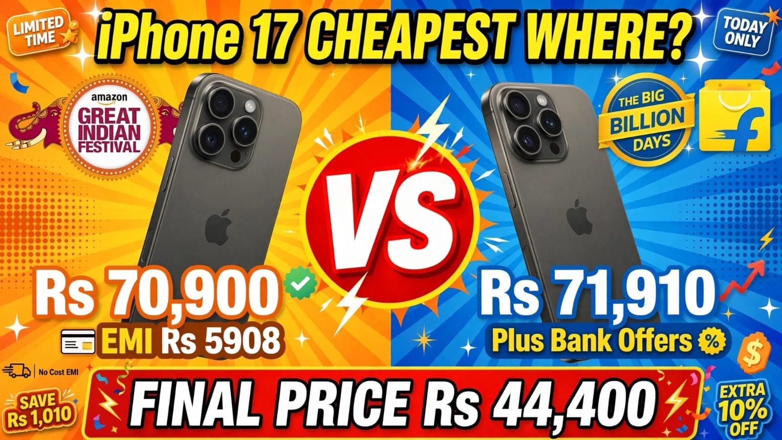 iPhone 17 price comparison Amazon 70900 vs Flipkart 71910 final price 44400
