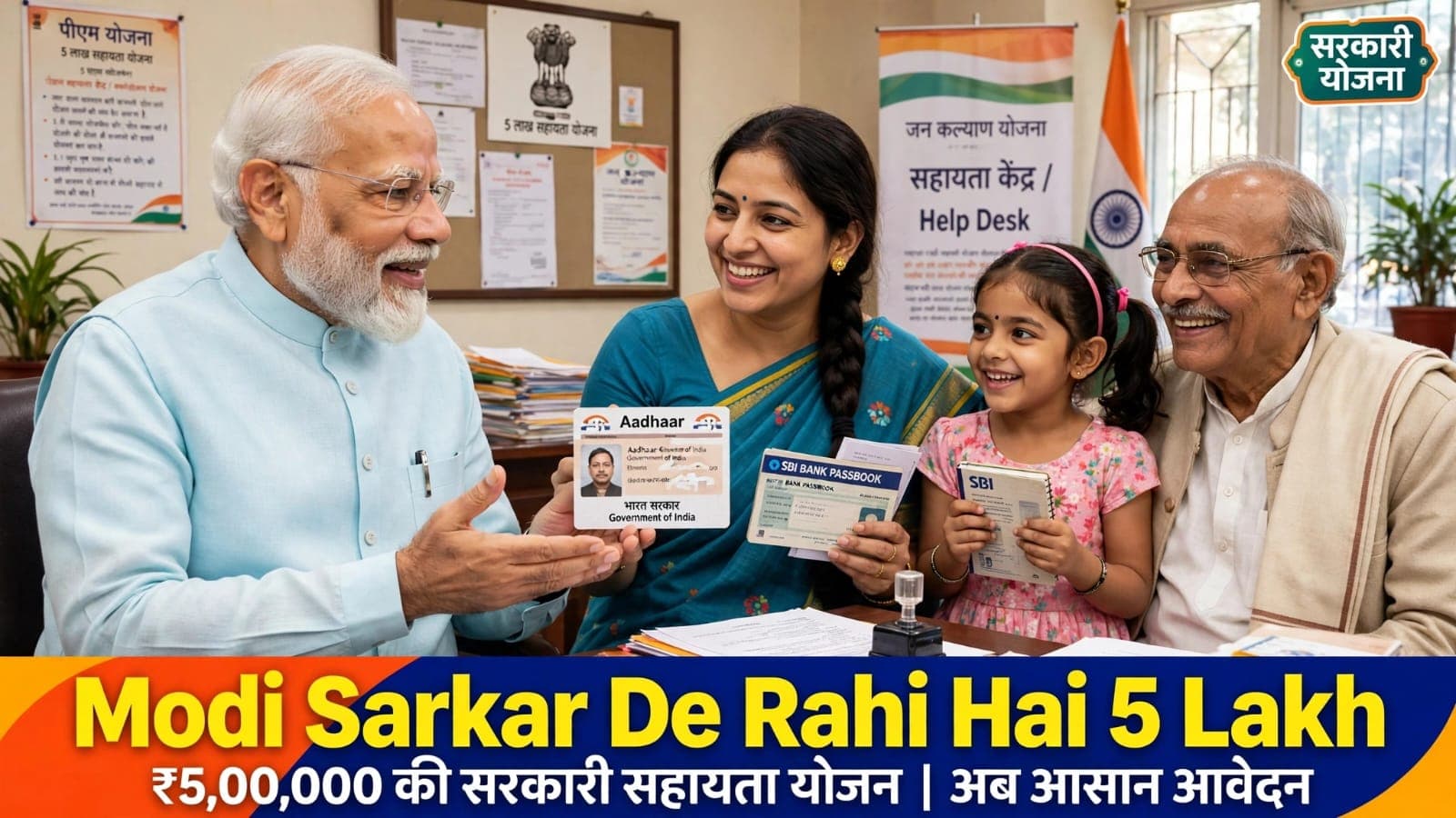 Modi sarkar 5 lakh sahayata yojana family Aadhaar SBI passbook help desk