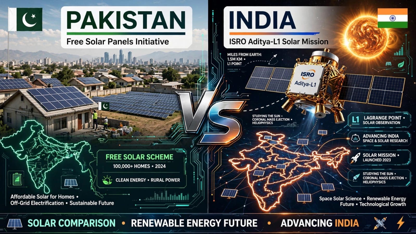 Pakistan free solar panels vs India ISRO Aditya L1 solar mission comparison
